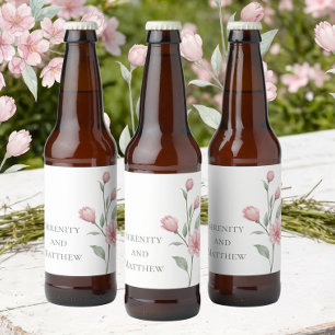 Elegant Blommig Akvarell Rosa Salvia Vårbröllop Ölflaska Etikett