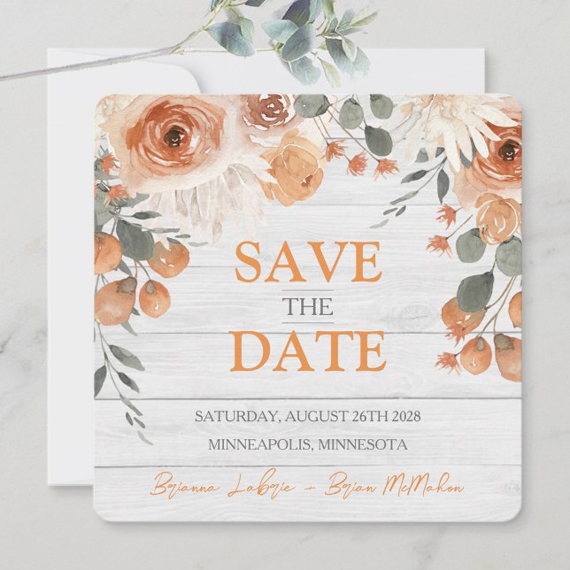 Elegant Blommig Akvarell & Trä Bröllopskort fyrkan Spara Datumet (Elegant Watercolor Floral & Wood Wedding Square Save The Date)