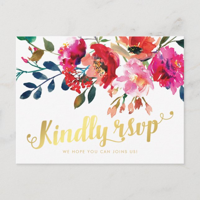 Elegant Blommig Akvarell Vit Guld Bröllop RSVP Inbjudan Vykort (Framsida)