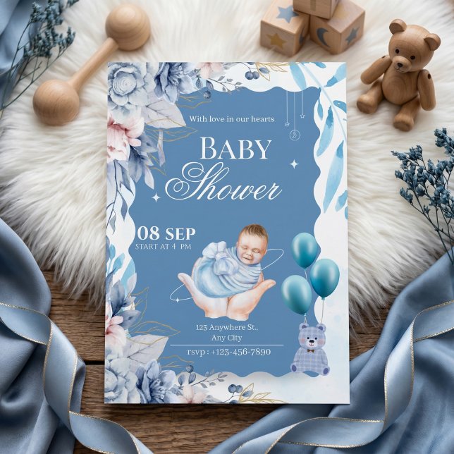 Elegant Blommig Baby Boy Välkomsthälsning Inbjudningar (Skapare uppladdad)