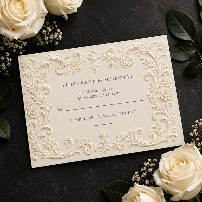 Elegant Blommig Barock Bröllops-Svarskort OSA Kort (Elegant Floral Baroque Wedding RSVP Card)