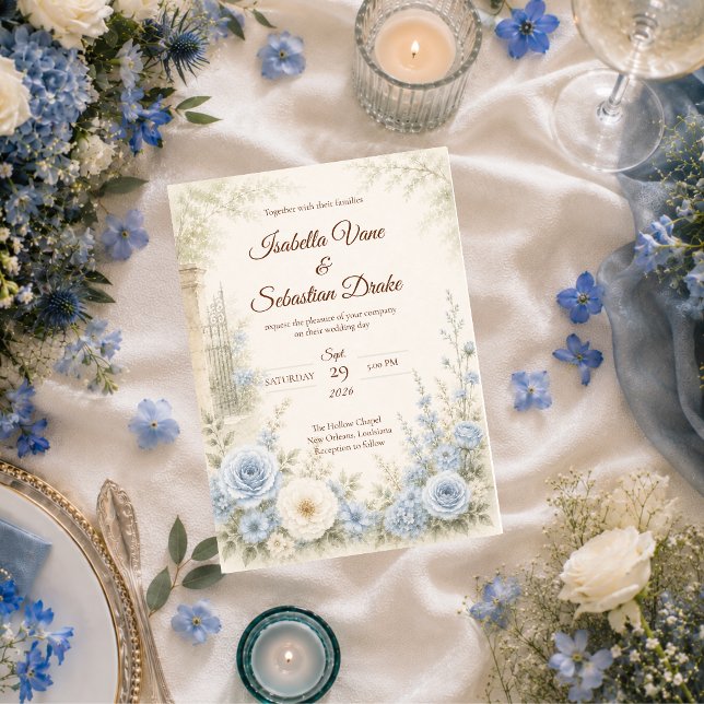 Elegant Blommig Blå Bröllop Inbjudningar (Skapare uppladdad)