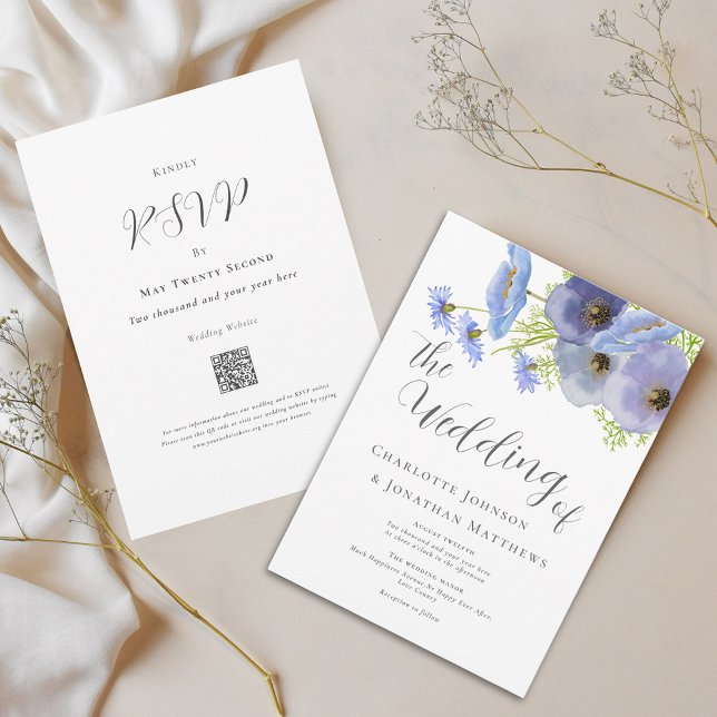 Elegant Blommig Blå Bröllops-QR-kod Inbjudningar (Elegant watercolor boho wildflower bouquet blue floral wedding qr code invitation)
