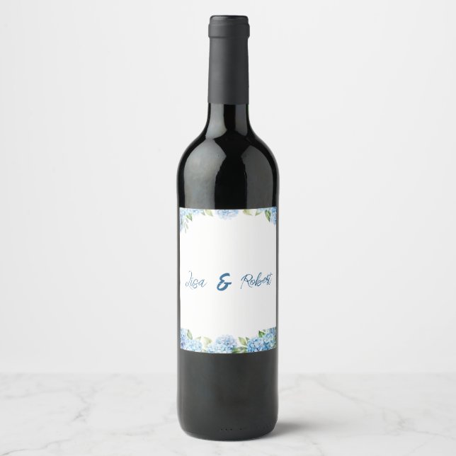Elegant Blommig Blå Bröllops-  Vinflaska Etikett (Framsida)