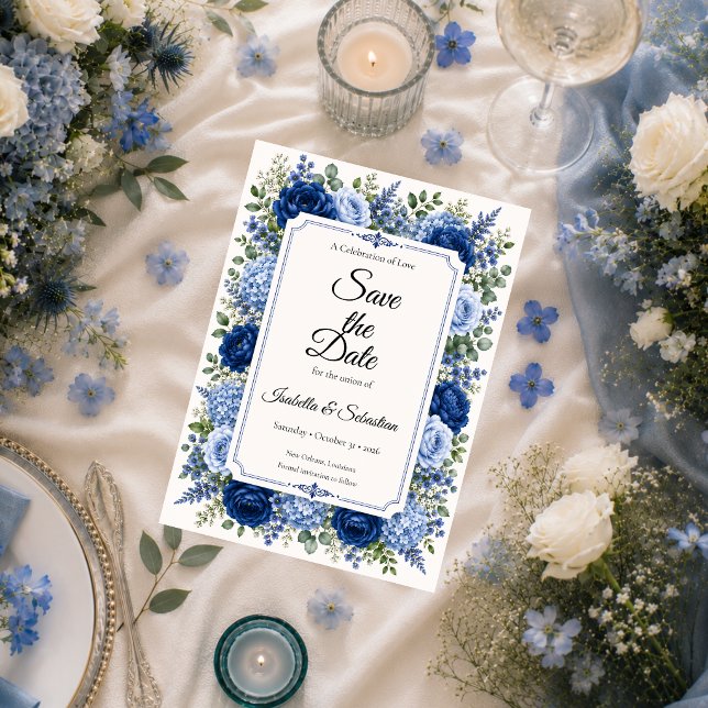Elegant Blommig Blå Bröllopsfest Spara Datumet (Skapare uppladdad)