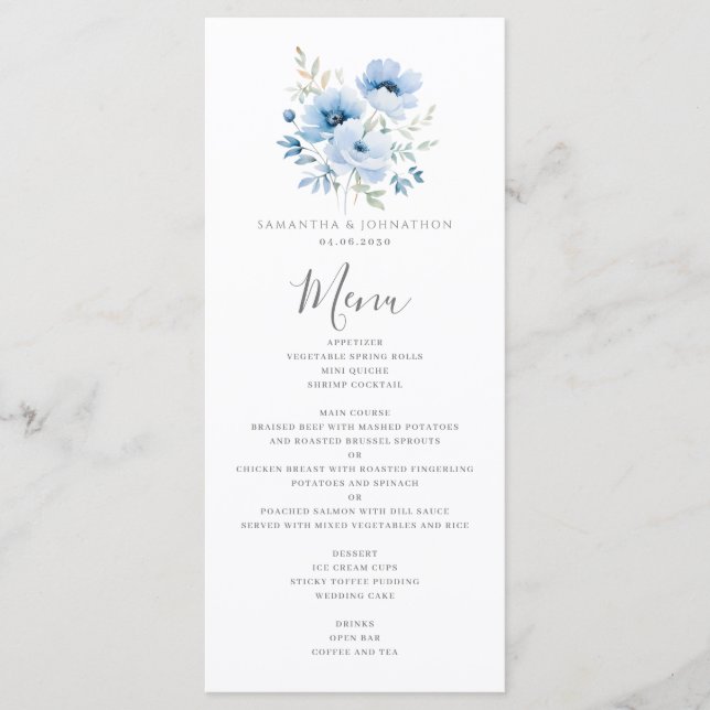 Elegant Blommig Blå Bröllopsmeny Meny (Framsida)