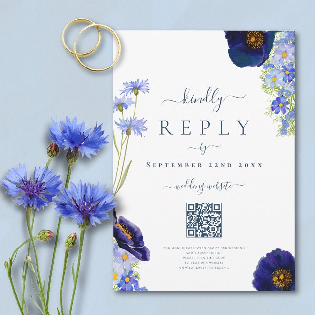 Elegant Blommig Blå Bröllopssvar QR-kod OSA Kort (Elegant stylish blue summer floral QR code wedding reply card with watercolor wildflower artwork)