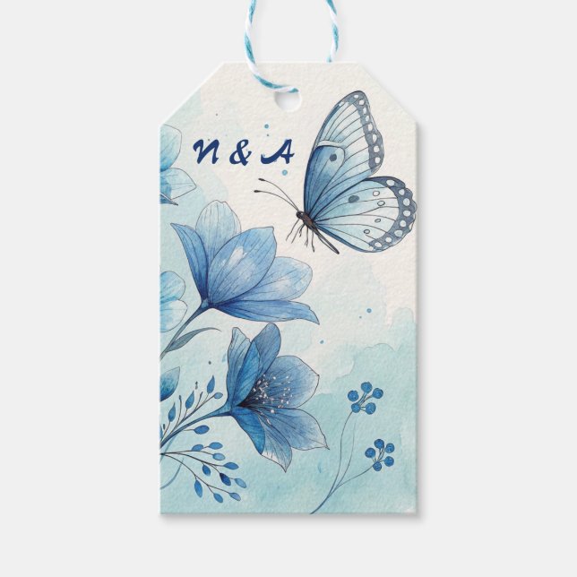 Elegant Blommig Blå & Fjäril Personlig Gåvobricka Presentetikett (Framsidan)