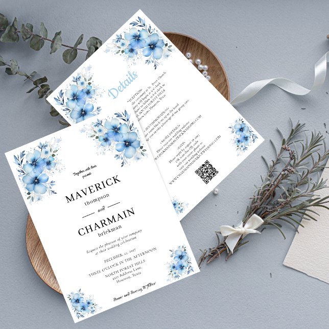 Elegant Blommig Blå Fram- och Baksida Bröllop Inbjudningar (Skapare uppladdad)