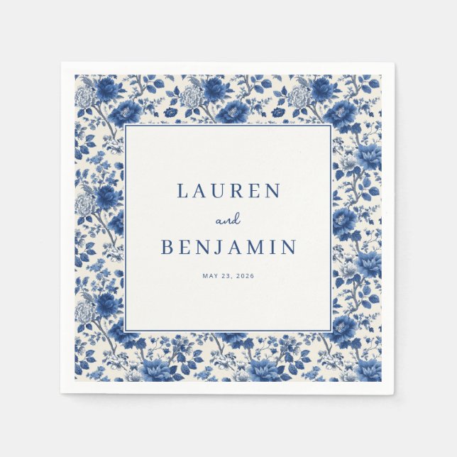 Elegant Blommig Blå Kant Pappersservett (Framsidan)