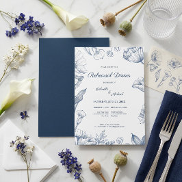 Elegant Blommig Blå Linjedesign Middag före Bröllo Inbjudningar