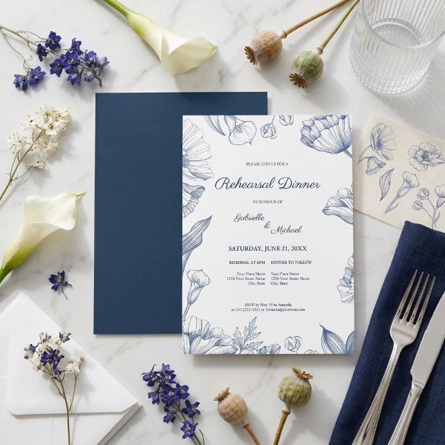 Elegant Blommig Blå Linjedesign Middag före Bröllo Inbjudningar (Skapare uppladdad)