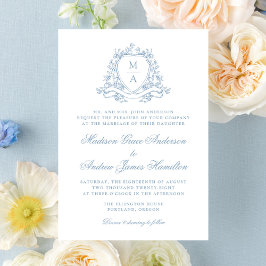 Elegant Blommig blå monogram vapensköld Bröllop Inbjudningar