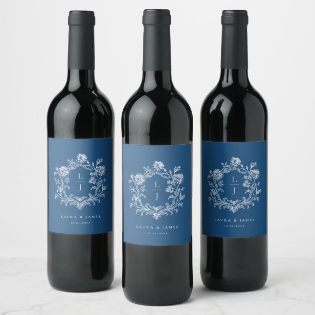 Elegant Blommig blå monogram vapensköld bröllop Vinflaska Etikett (Flaskor)