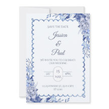 Elegant Blommig Blå Ram Bröllopsinbjudan