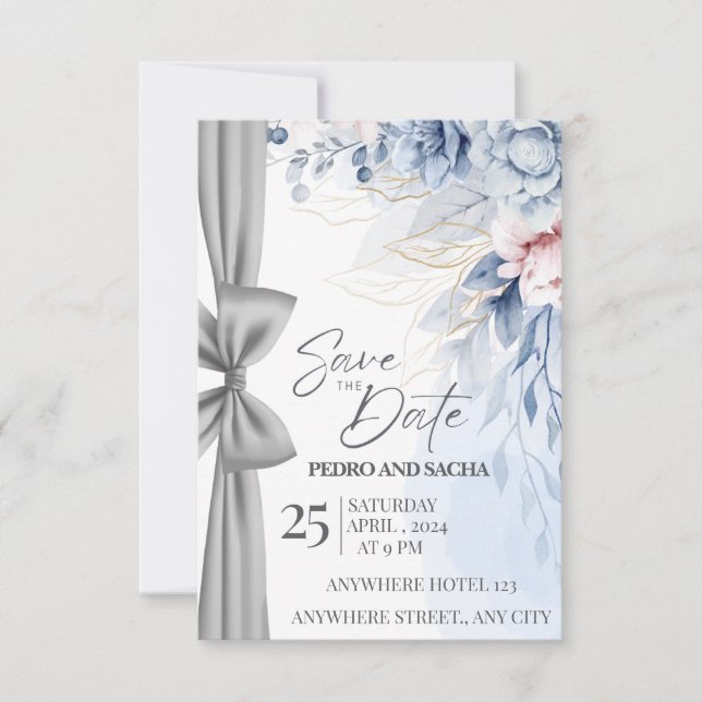 Elegant Blommig Blå "Save The Date"-Kort med Silve Inbjudningar (Framsida)