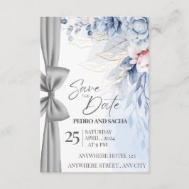 Elegant Blommig Blå "Save The Date"-Kort med Silve Tilläggskort