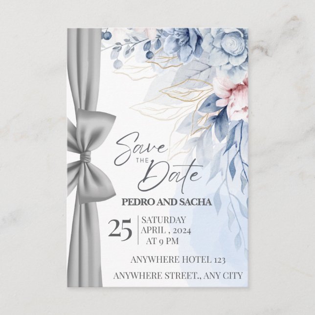Elegant Blommig Blå "Save The Date"-Kort med Silve Tilläggskort (Framsida)