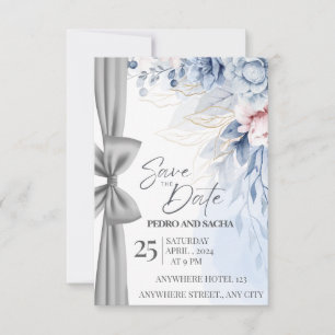 Elegant Blommig Blå Spara Datum-kort med Silver Tack Kort