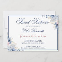 Elegant Blommig Blå Sweet 16 Inbjudan