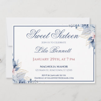 Elegant Blommig Blå Sweet 16 Inbjudan