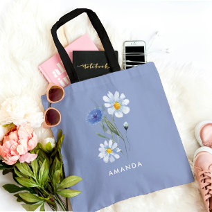 Elegant Blommig Blå Trendig Chic Stilig Handväska Tygkasse