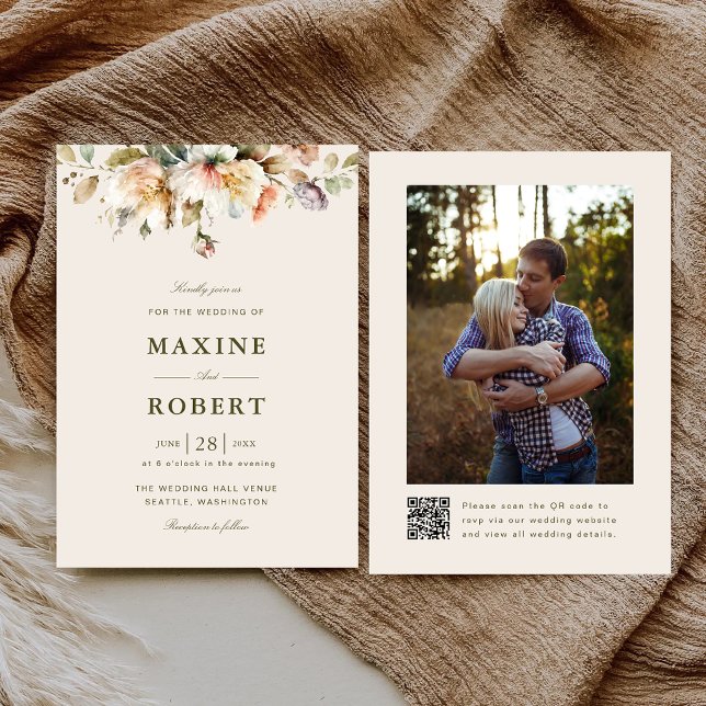Elegant Blommig Botanisk QR-kod Foto Bröllop Inbjudningar (Elegant floral botanical QR code photo wedding invitation with timeless romantic charm.)