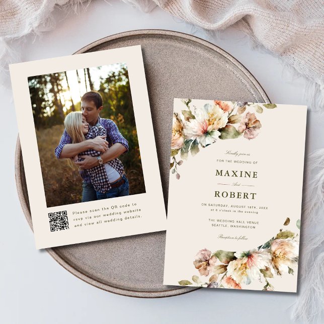 Elegant Blommig Botanisk QR-kod Foto Bröllop Inbjudningar (Elegant floral botanical QR code photo wedding invitation with elegant botanical charm.)