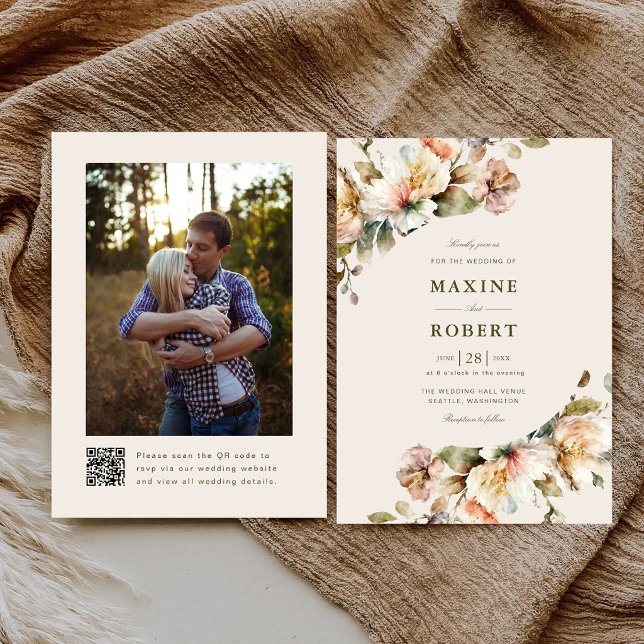 Elegant Blommig Botanisk QR-kod Foto Bröllop Inbjudningar (Elegant floral botanical QR code photo wedding invitation with timeless garden elegance.)