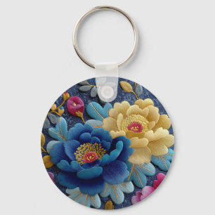 Elegant Blommig Broderad Look Vintage Peony Nyckelring