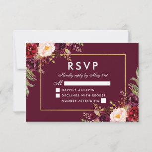 Elegant Blommig Bröllop Burgundy Guld RSVP OSA Kort