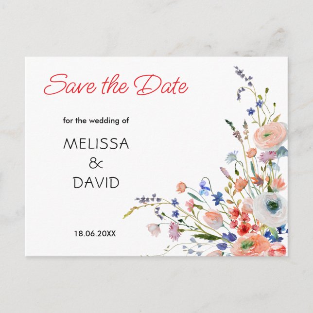 Elegant Blommig Bröllop Spara Datum Meddelande Vykort (Framsida)