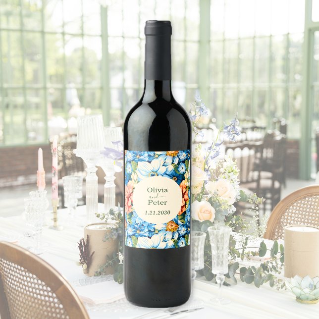 Elegant Blommig Bröllop Vinflaska Etikett (Chic Bold Floral Wedding Wine Label)