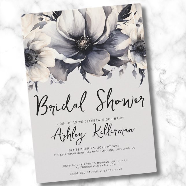 Elegant Blommig Bröllopsfest i Akvarellstil Inbjudningar (Chic Watercolor Elegant Floral Gray Bridal Shower Invitation)