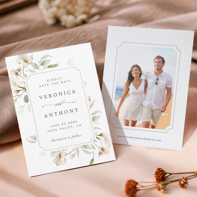 Elegant Blommig Bröllopsfoto med White Sage Blush  Spara Datumet (Front & Back)