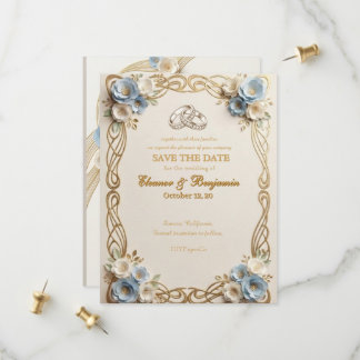 Elegant Blommig Bröllopsinbjudan Blue Spara Datumet