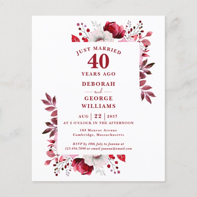 Elegant Blommig Bröllopsinbjudan för 40-årsjubileu (Framsida)