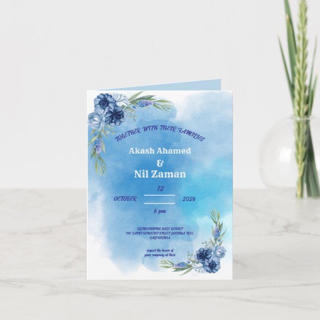 Elegant Blommig Bröllopsinbjudan i Blått Inbjudan (Framsida)