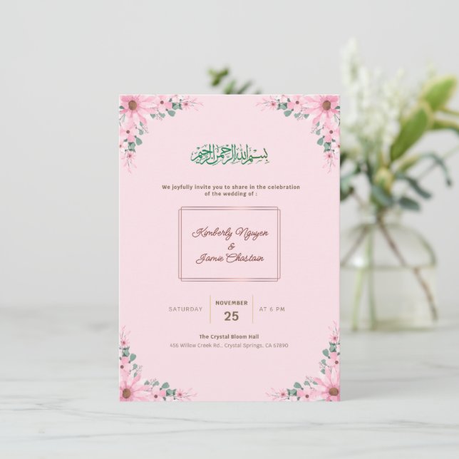 Elegant Blommig Bröllopsinbjudan | Modern & Romers Inbjudningar (Stående Fram)