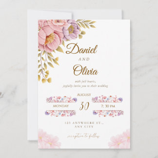 Elegant Blommig Bröllopsinbjudan | Romantisk Rosa  Inbjudningar