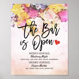 Elegant Blommig Bröllopsmeny Bar är Öppen Dryck Poster
