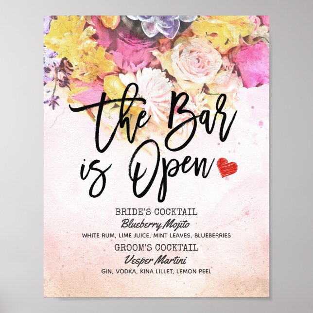 Elegant Blommig Bröllopsmeny Bar är Öppen Dryck Poster (Framsidan)