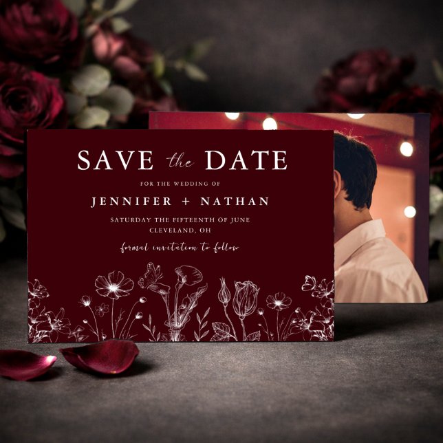 Elegant Blommig Burgunder "Save the Date"-Kort Spara Datumet (Skapare uppladdad)