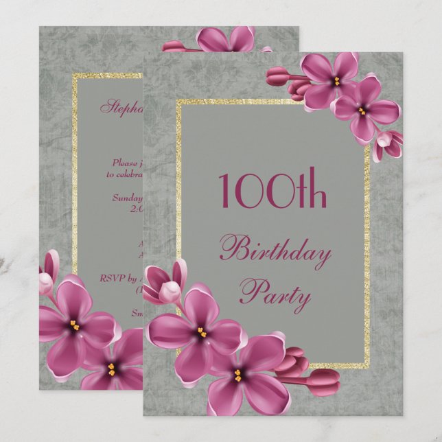 Elegant Blommig & Chic Damask 100-årsdag Inbjudningar (Fram/baksida)