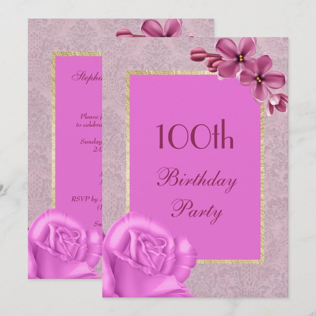 Elegant Blommig & Chic Damask 100-årsdag Inbjudningar (Fram/baksida)