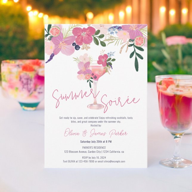 Elegant Blommig Cocktail Handritad Sommarsoaré Inbjudningar (Elegant Floral Cocktail Hand Drawn Summer Soirée Invitation)