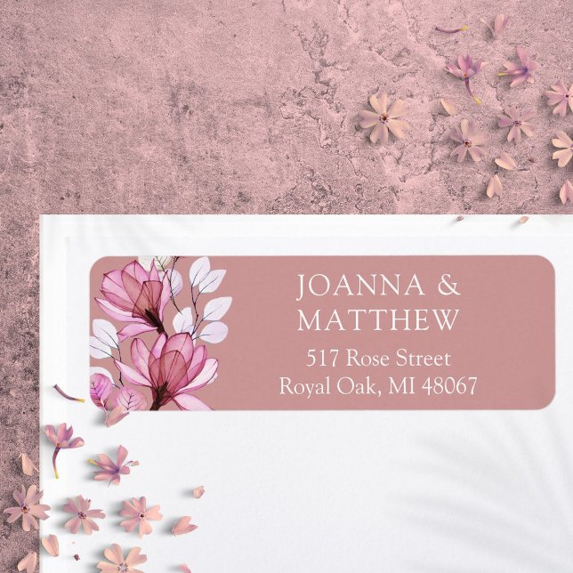 Elegant Blommig Dammig Ros Födelsedags/Bröllop Sva Returadress Etikett (Elegant Floral Dusty Rose Wedding Return Address Label)