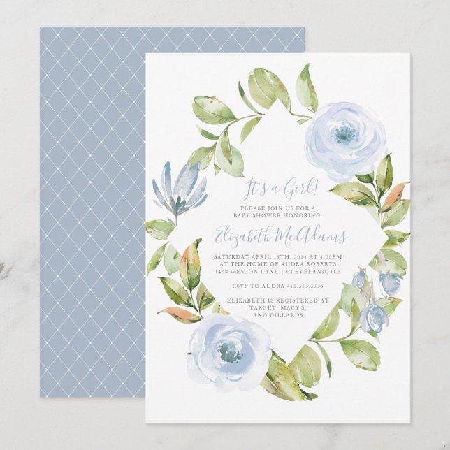 Elegant Blommig Diamant Støvblå Baby Shower Inbjudningar (Fram/baksida)