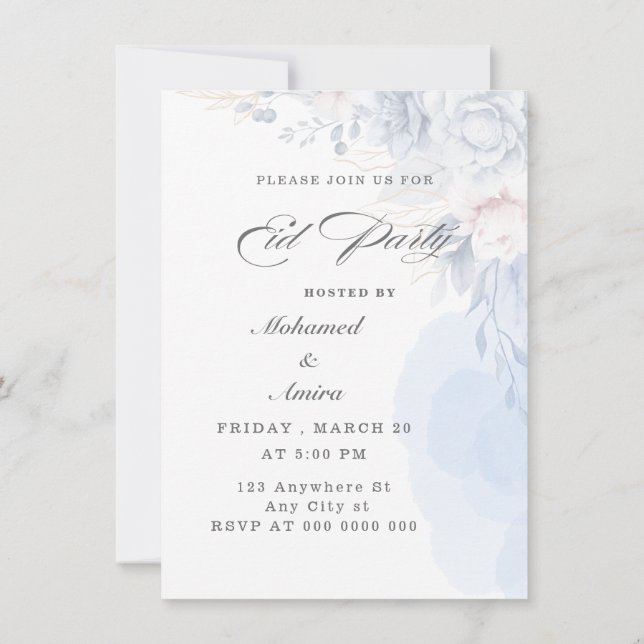 Elegant Blommig Eid-fest Invitation i Blå Inbjudningar (Baksida)