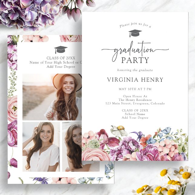 Elegant Blommig Examenfest Inbjudningar (Elegant Floral Watercolor Graduation Party Invitation with Pictures by Painted Paperie
)